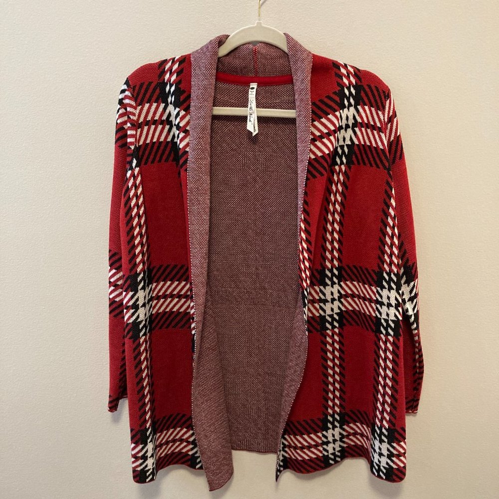 Cardigan Leo & Nicole Sz PS Red Black Plaid Sweater Open Front Grandma-Core